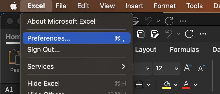 Excel - Preferences... Option in Mac